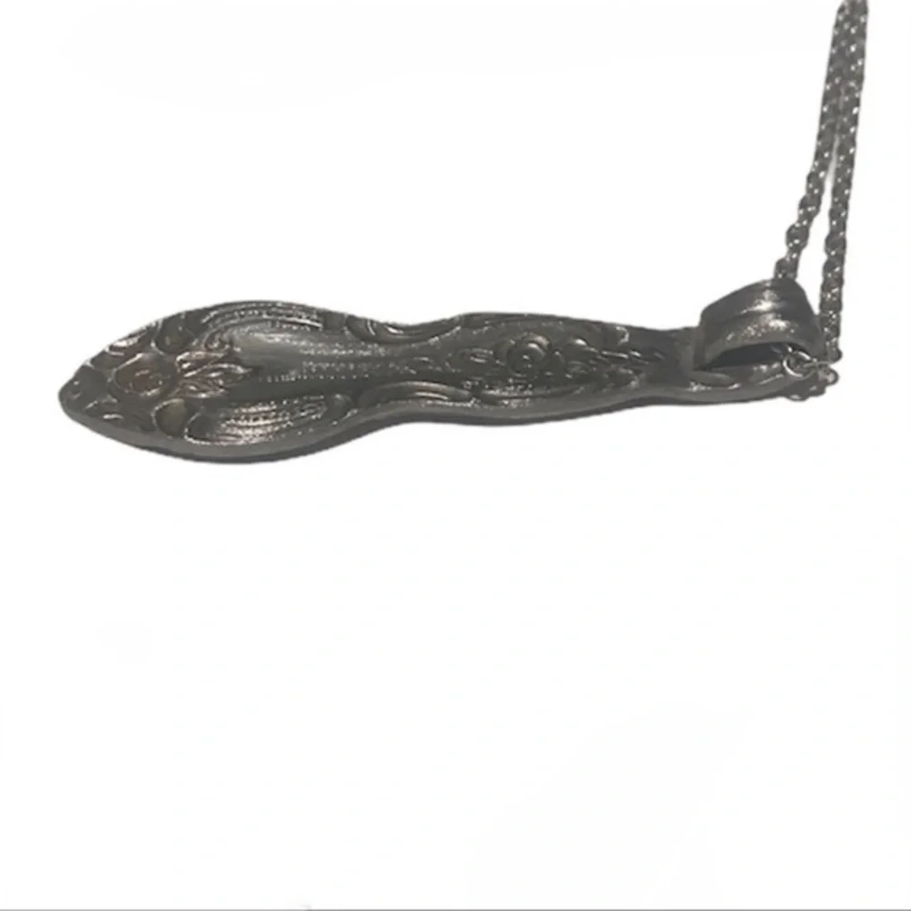 Handmade‎ boho repurposed silver stainless steel floral spoon pendant necklace